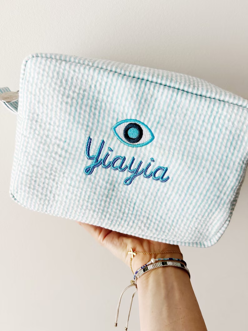 Custom Evil Eye and Name Seersucker Pouch