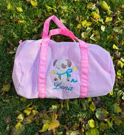 Custom Chidren's Seersucker Duffle Bag with Embroidered Animals