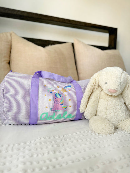 Custom Chidren's Seersucker Duffle Bag with Embroidered Animals